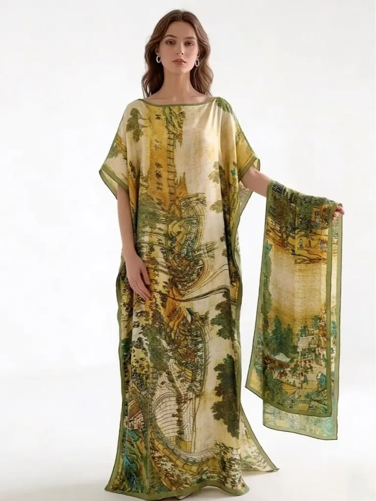Women's Sun-Protective Bohemian Artistic Print Beach Cover-Up - 1pc Luxury Mock Silk Long Robe, Summer Vacation Scarf Shawl for Every Day