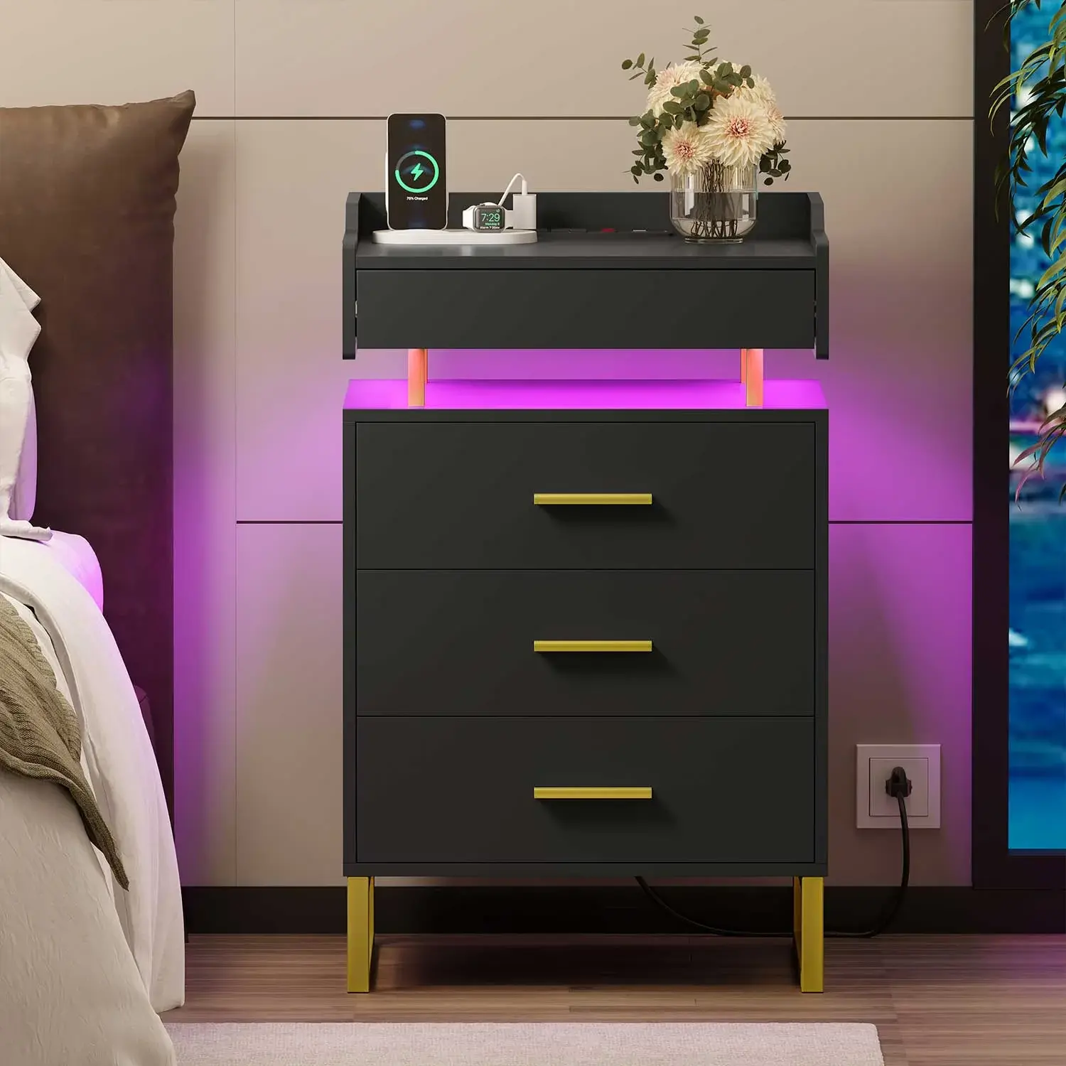 SIKAIC LED Nightstand with 3 Drawers - Black Bedroom Furniture, Side Tables with Lights, RGB Lights, Open Compartment, Charging Station Equipped with Power Strip, Storage & Cabinet Lighting Solutions