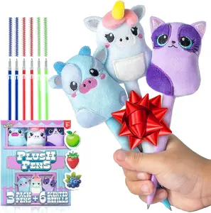 BUNMO Stocking Stuffers for Kids - Cute Pens 3 Pack - Kids Stocking Stuffers - 6 Scented & Glittery Refills - Plush Fun Pens - Stuffed Farm Animals for Girls Kawaii Stationery
