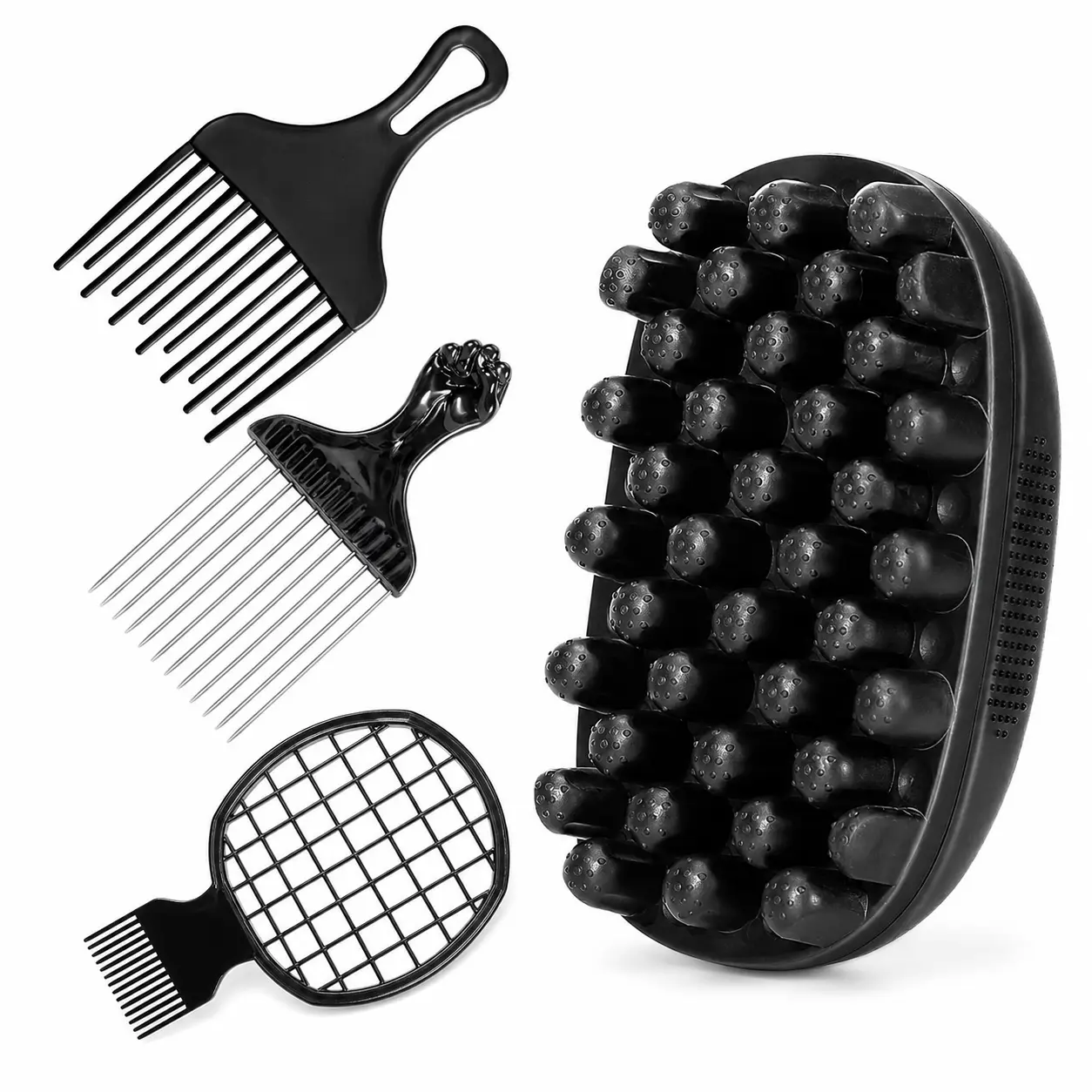 Upgraded Silicone Freeform Twists Set, 4-in-1 Grooming Kit for Black Men with Metal Fist Pick & Hair Edge Brush, Afro Hair Styling Tools