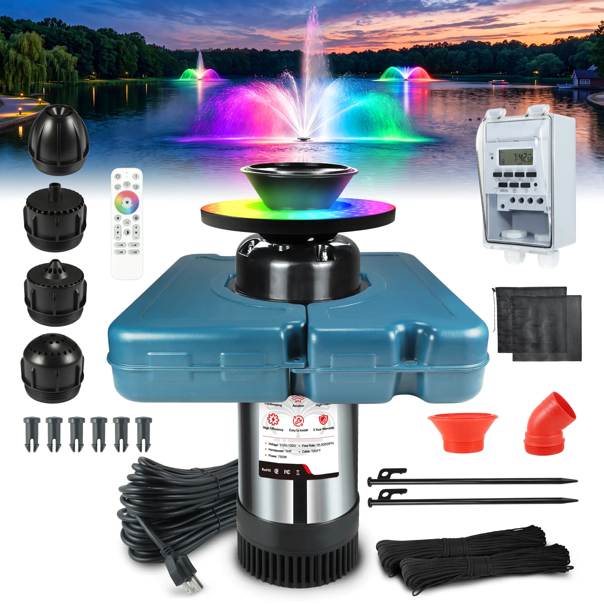 Goldlife Pond Fountain Aerator F2，With 160W RGBW Lights, 6 Unique Nozzles, 110V 1HP 750W 15000GPH, 2x100FT Power Cord, Powerful Aerating Fountain Pump for Outdoor Small Large Pond Lake Garden Jet Fountain System