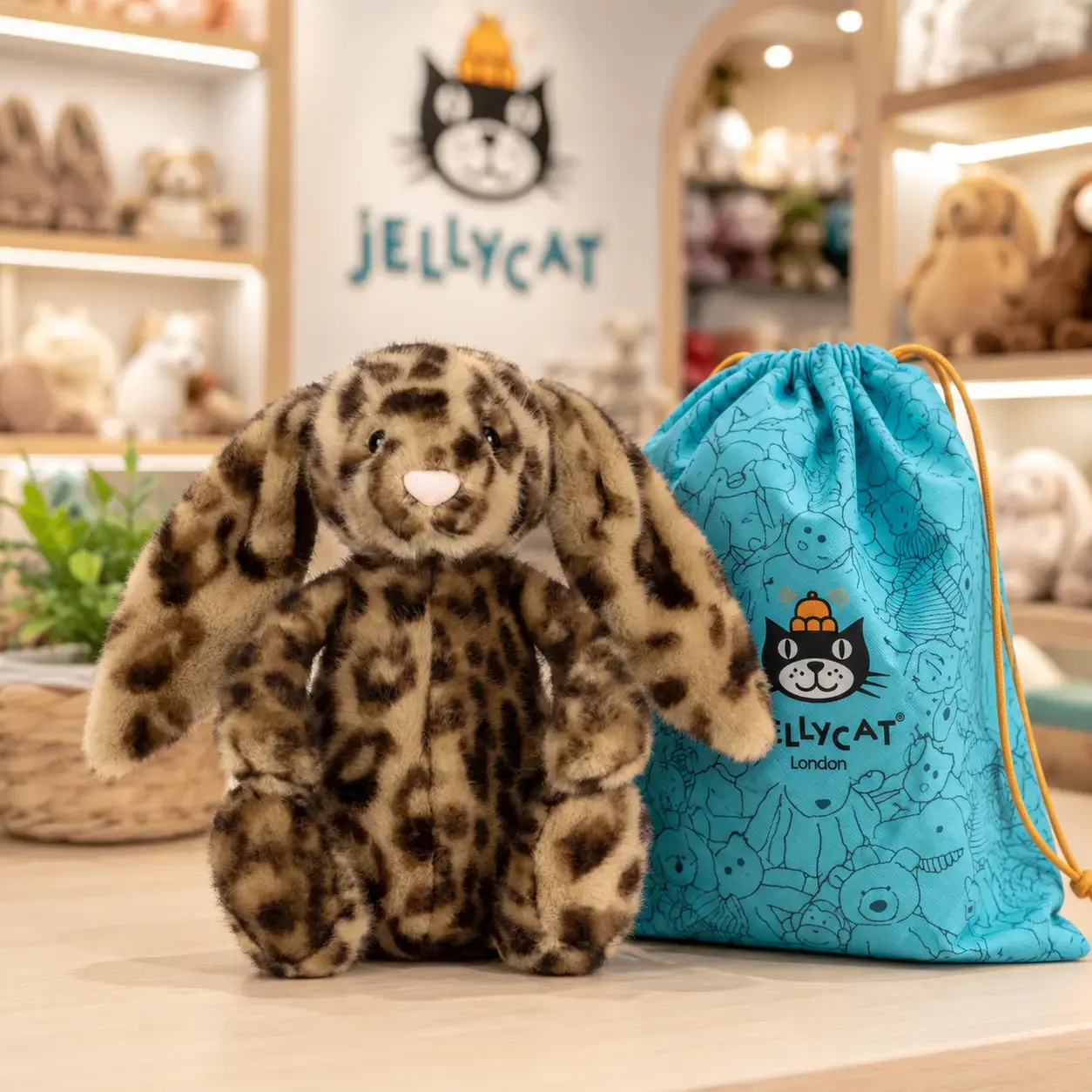 Jellycat Cobblehop Bunny Exclusive Plush Toy with Drawstring Gift Bag – Leopard-Print Long-Ear Stuffed Animal Gift for Birthdays and Collectors