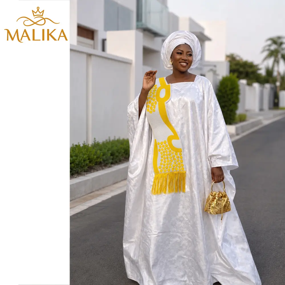 Pure White First Quality Perfume Bazin Boubou Dress For African Nigerian Elegant Women Bride Or Bridesmaids Wedding Party With Tassel Long Robe