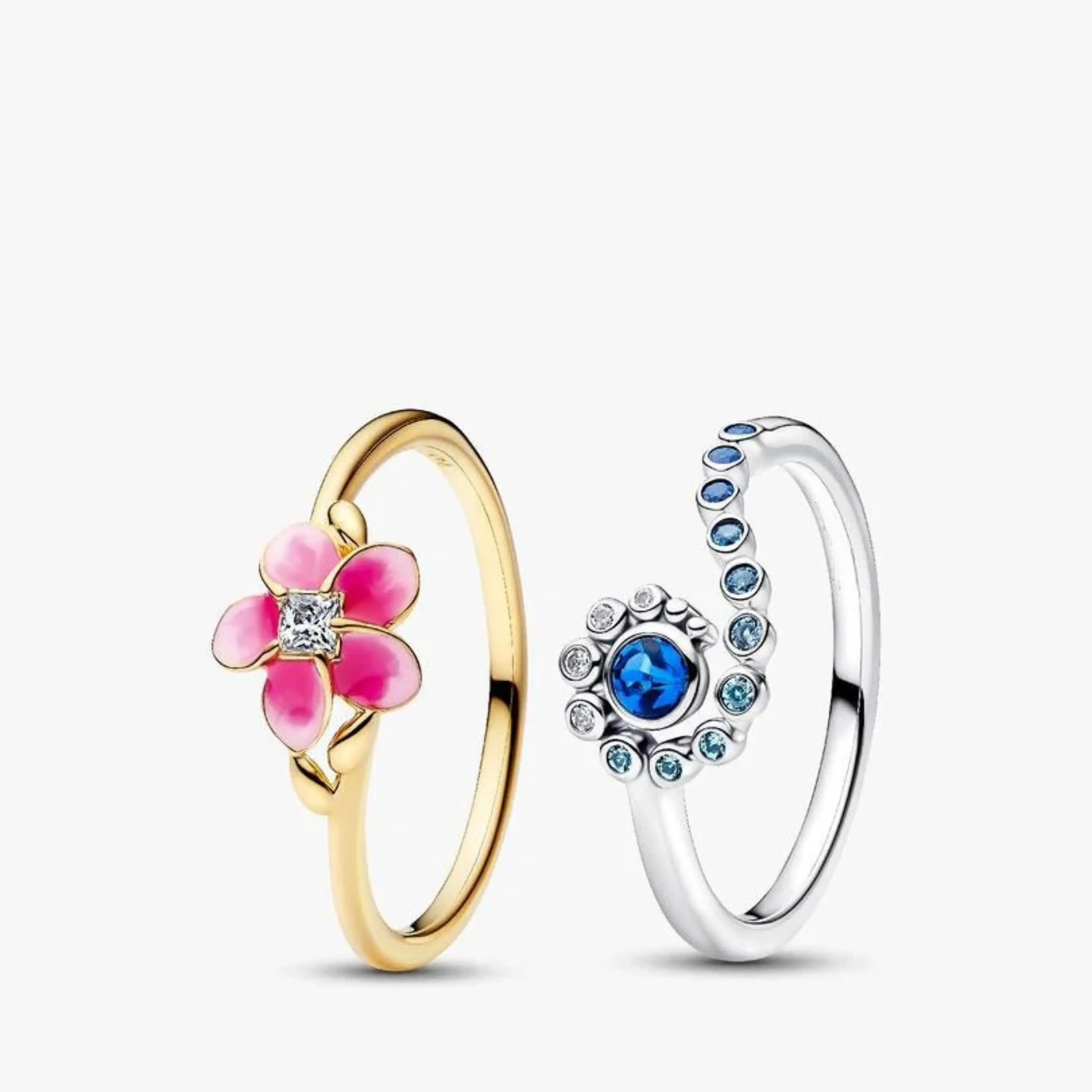 Elegant Ring Set for Women – Pink Flower Ring & Blue Crystal Ring, Stackable Fashion Jewelry Gift Beautiful Rings Finger Rings