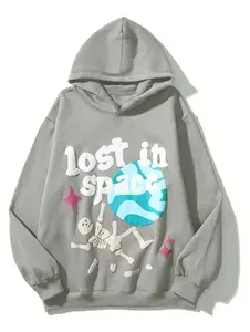 Women's "Lost in Space" Letter & Skeleton &Planet Print Drop Shoulder Hoodie, FashionCasual Long Sleeve Hooded Sweatshirt forDaily Holiday Outdoor Wear, Ladies Clothesfor Summer