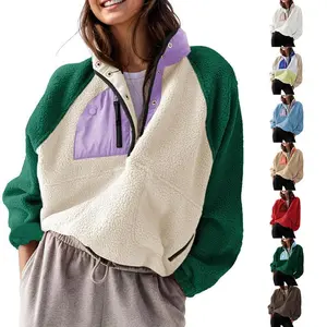 Womens Fuzzy Fleece Pullover Sherpa Sweatshirt Long Sleeve Button Down Sweater Winter Fleece Jacket with Pockets