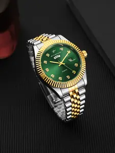 RICECGO Men's Luxury Elegant Round Dial Stainless Steel Strap Rhinestone Quartz Watch Casual Trendy Wristwatch with A Box, Dual Date Display, Suitable for Any Occasion Analog Watches