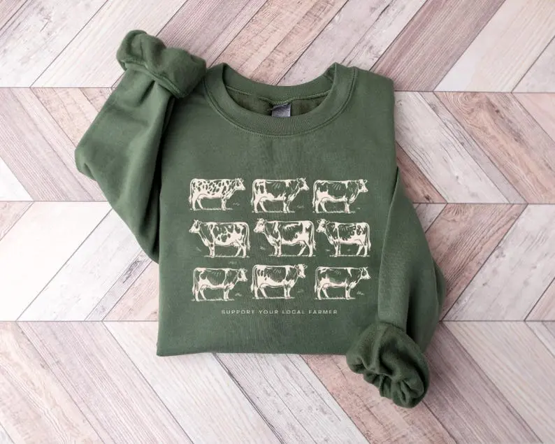Support Your Local Farmer Cow Sweatshirt Vintage Farm Animals Sweater Cattle Rancher Gift Dairy Farming Clothes Trendy Homesteading Crewneck
