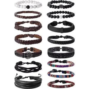 15Pcs Braided Leather Bracelet Boho Cuff Wrap String Wood Bead Woven Ethnic Stretch Wristbands Bracelets Set for Men Women Size Adjustable