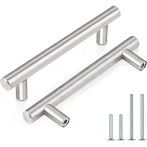 30 Pack| 3-1/2 Inch Hole Center Cabinet Handles Satin Nickel Stainless Steel Drawer Dresser Pulls, Euro Round T Bar Kitchen Cabinet Pulls, 6 Inch Total Length