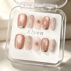 Warm Nude Pink Brown Cat Eye Press On Nails Silver French Tips Marble Gold Foil Embossed Lines 3D Florals Short Square Handmade Reusable Fake Nails Salon Quality