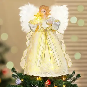 Christmas Tree Topper, Angel Tree Topper with Lights, Angel Topper for Christmas Tree with Remote Control & Timer, USB Lighted Christmas Decorations for Holiday Home Indoor, Light Yellow