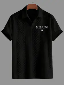 Men's Classic Milano Letter Textured Polo Shirt, Summer Lightweight Luxe Fitted Comfort Fit, Breathable Business Casual Short Sleeve T-Shirt