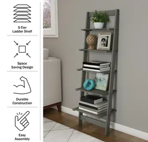Gray 5-Tier Leaning Ladder Bookshelf - Versatile Storage Solution for Books and More