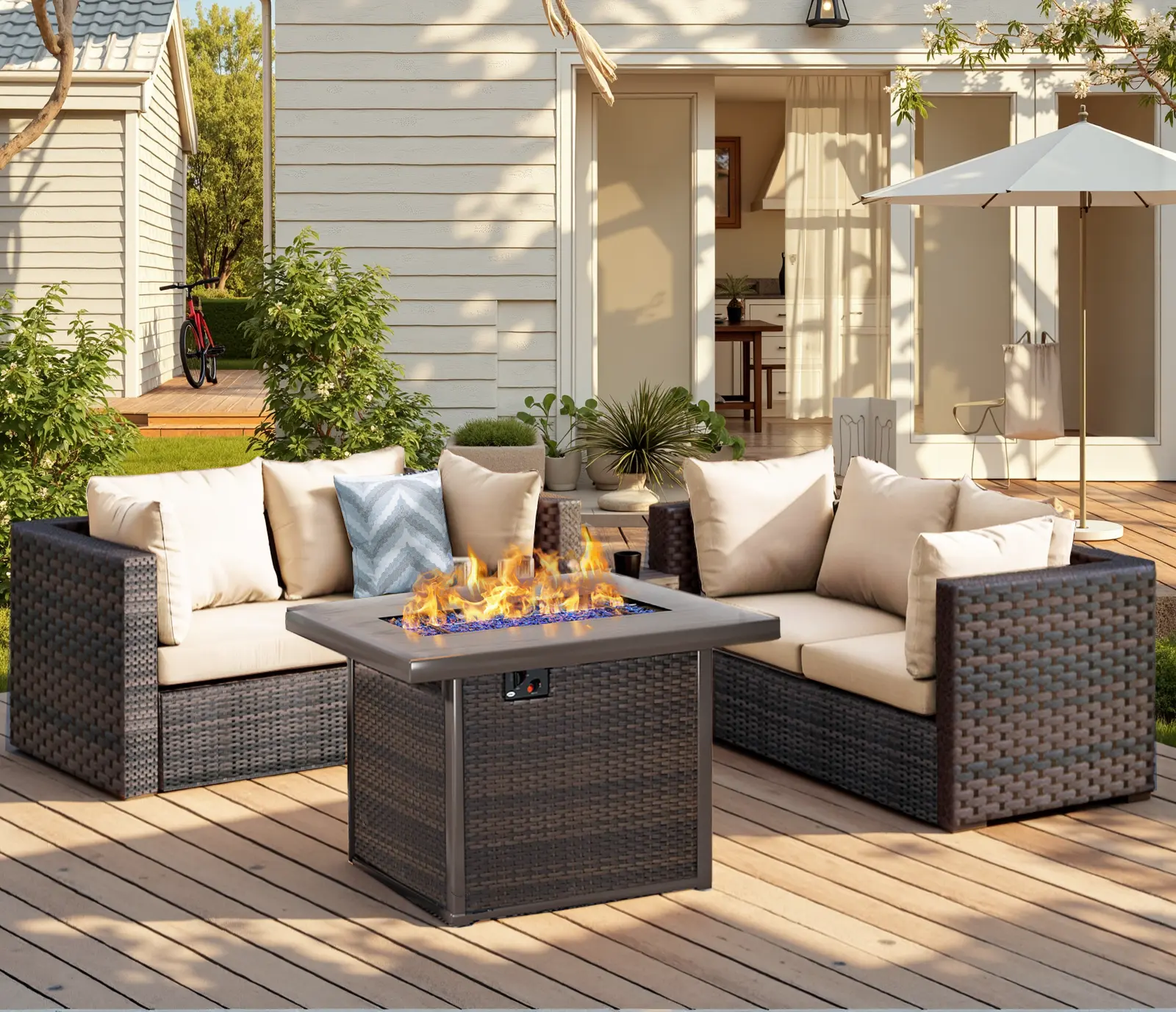 Gaptainer 5-Piece All-Weather PE Rattan Outdoor Furniture Set - Outdoor Rattan Sofa Set with 4 Arm Sofas, Fire Pit Table, No-Slip Removable Covers, Thick Cushions, Easy-to-Clean Design for Deck, Home Party homeessentials