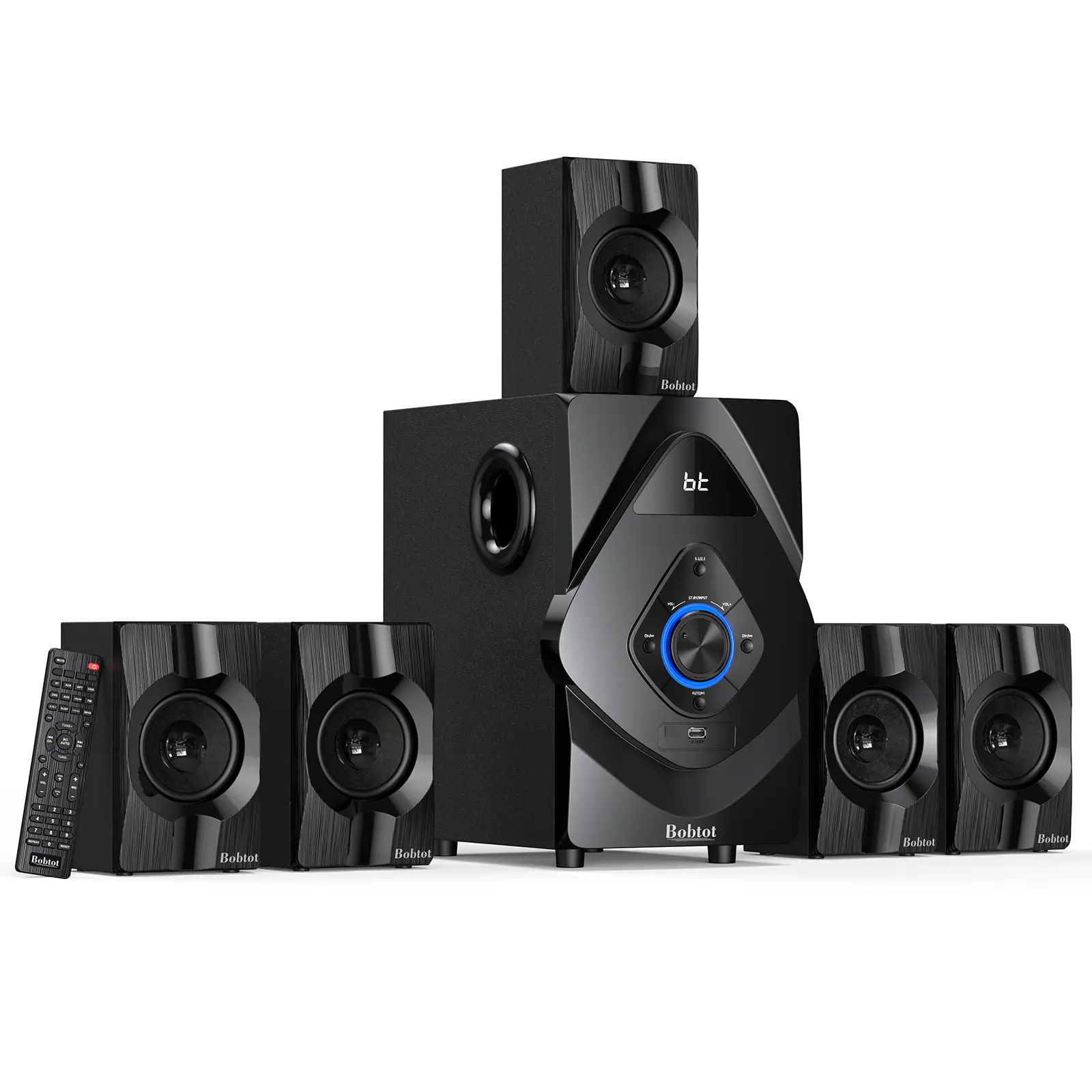 Bobtot W58S 5.1/2.1 Channel Home Theater System - 800W Power, 6.5in Subwoofer, Wireless Rear Satellite Speakers, HDMI ARC, Optical In, Bluetooth Input, Stereo Audio