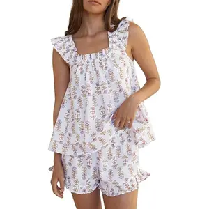 Imily Bela Womens Floral Print Pajama Sets Ruffle Trim Cami and Casual Shorts 2 Piece Lounge Set Womenswear Comfort Loungewear