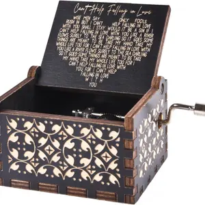 Can't Help Falling in Love Wood Music Box, Antique Engraved Musical Boxes Case for Love One Wooden Music Box - Gifts for Lover, Boyfriend, Girlfriend, Husband, Wife (Black)