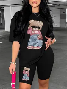 Women's Cartoon Bear Print Drop Shoulder Tee & Skinny Shorts Set, Cute Fashion Cozy Round Neck Short Sleeve T-Shirt & Short Leggings for Daily Outdoor Wear