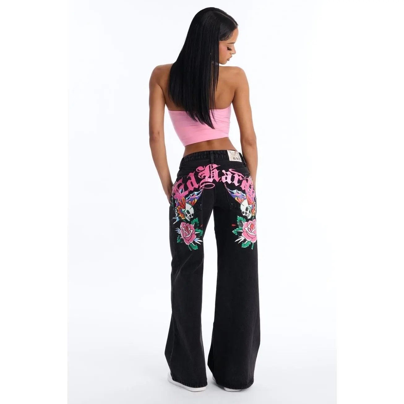 Ed Hardy Skull Flower Wide Leg Jeans - Black T