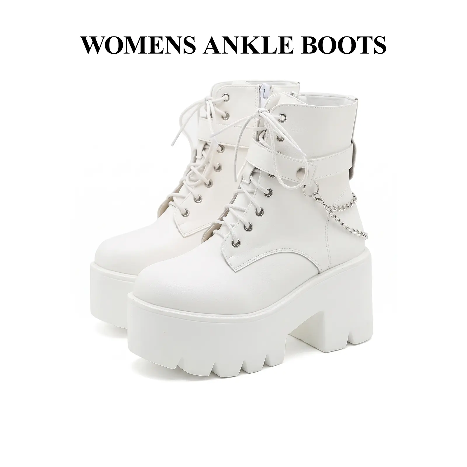 CYNLLIO Womens Ankle Boots Rounded Toe Chunky Platform Block Heels Fashionable Rave Goth Punk Side Zipper Lace Up Metallic Chain Comfy Outdoor Club Events Party Office Casual Summer Boots Shoes