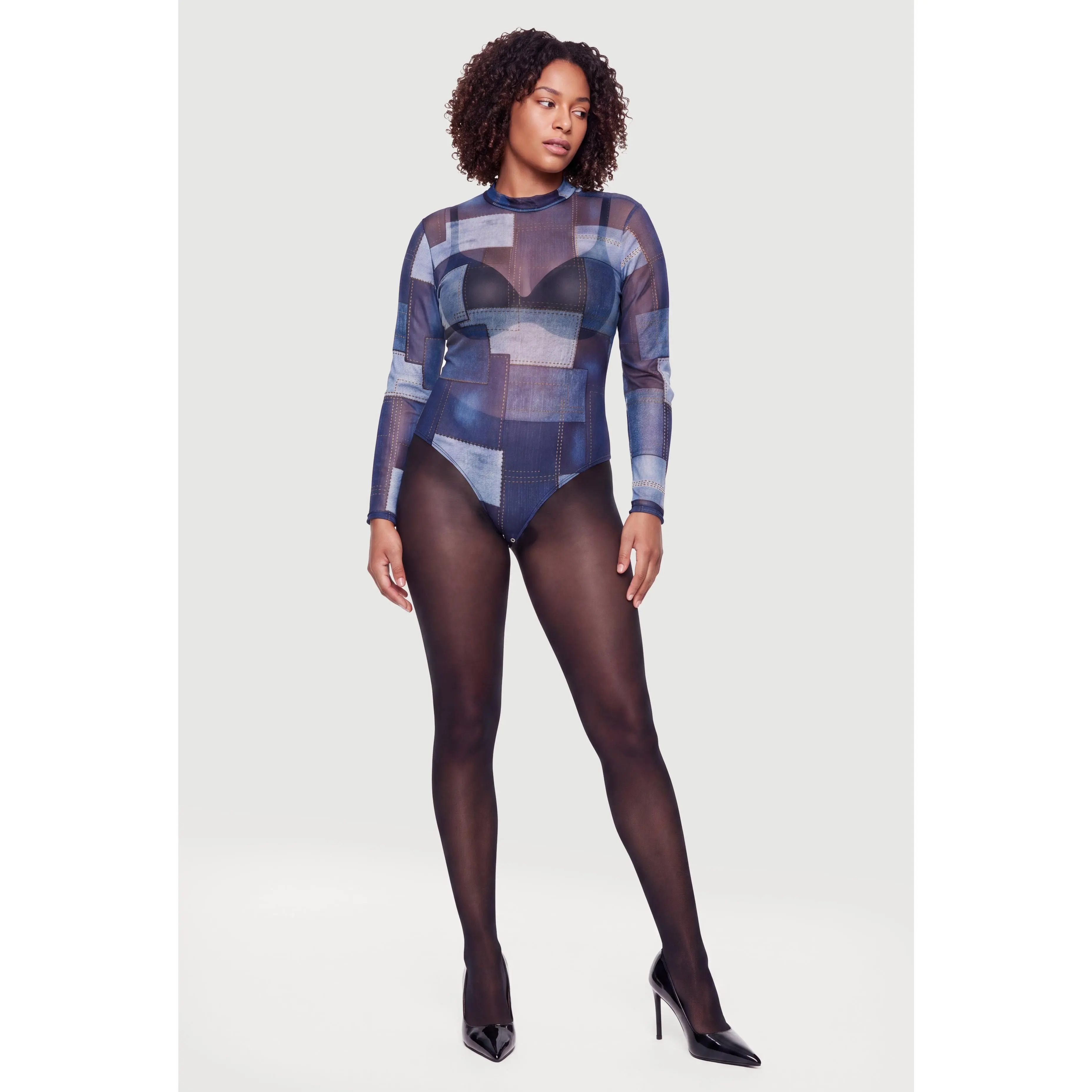 Plus Size Patchwork Denim Print Long Sleeve Mesh Bodysuit