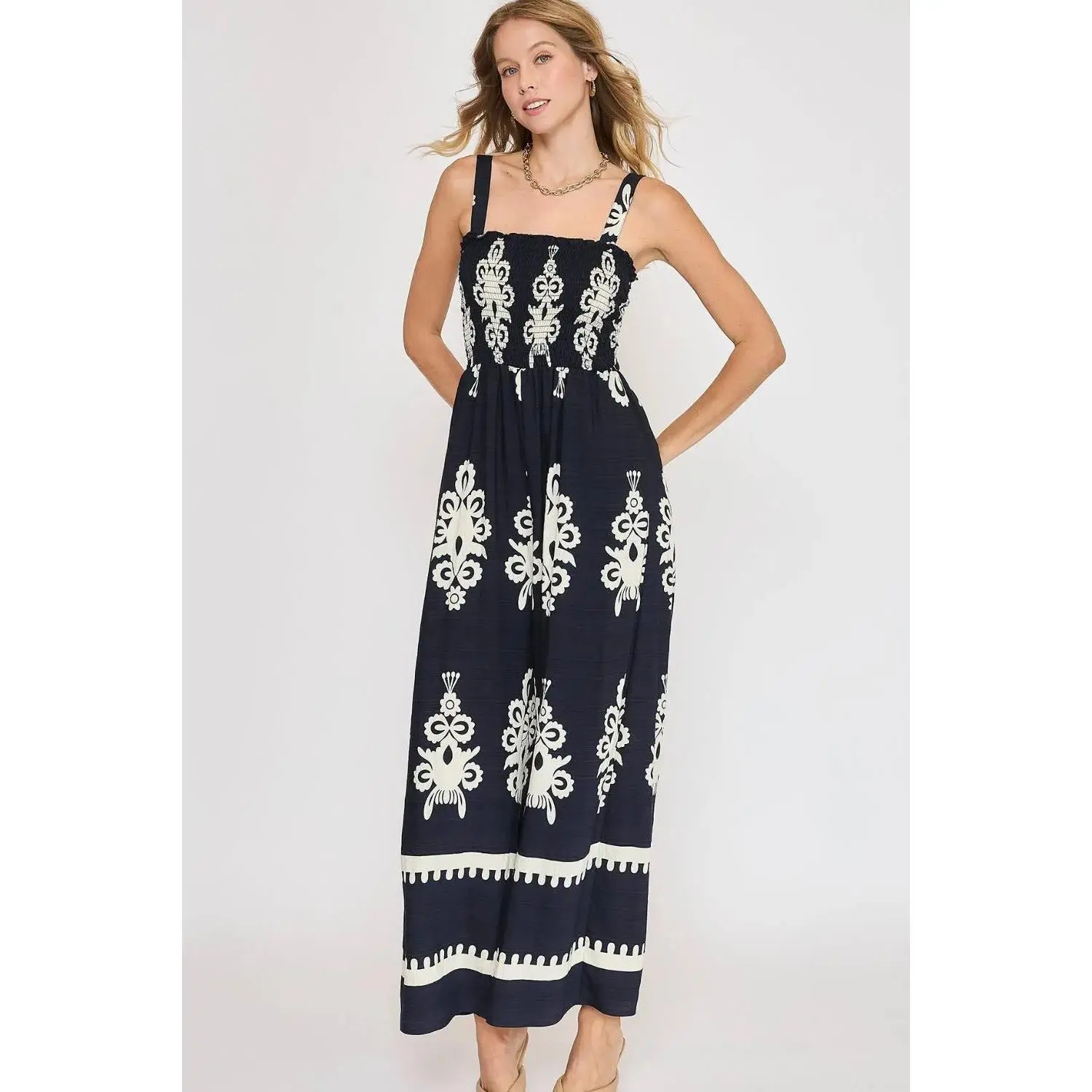 Umgee Full Size Smocked Printed Wide Leg Jumpsuit Plus Size