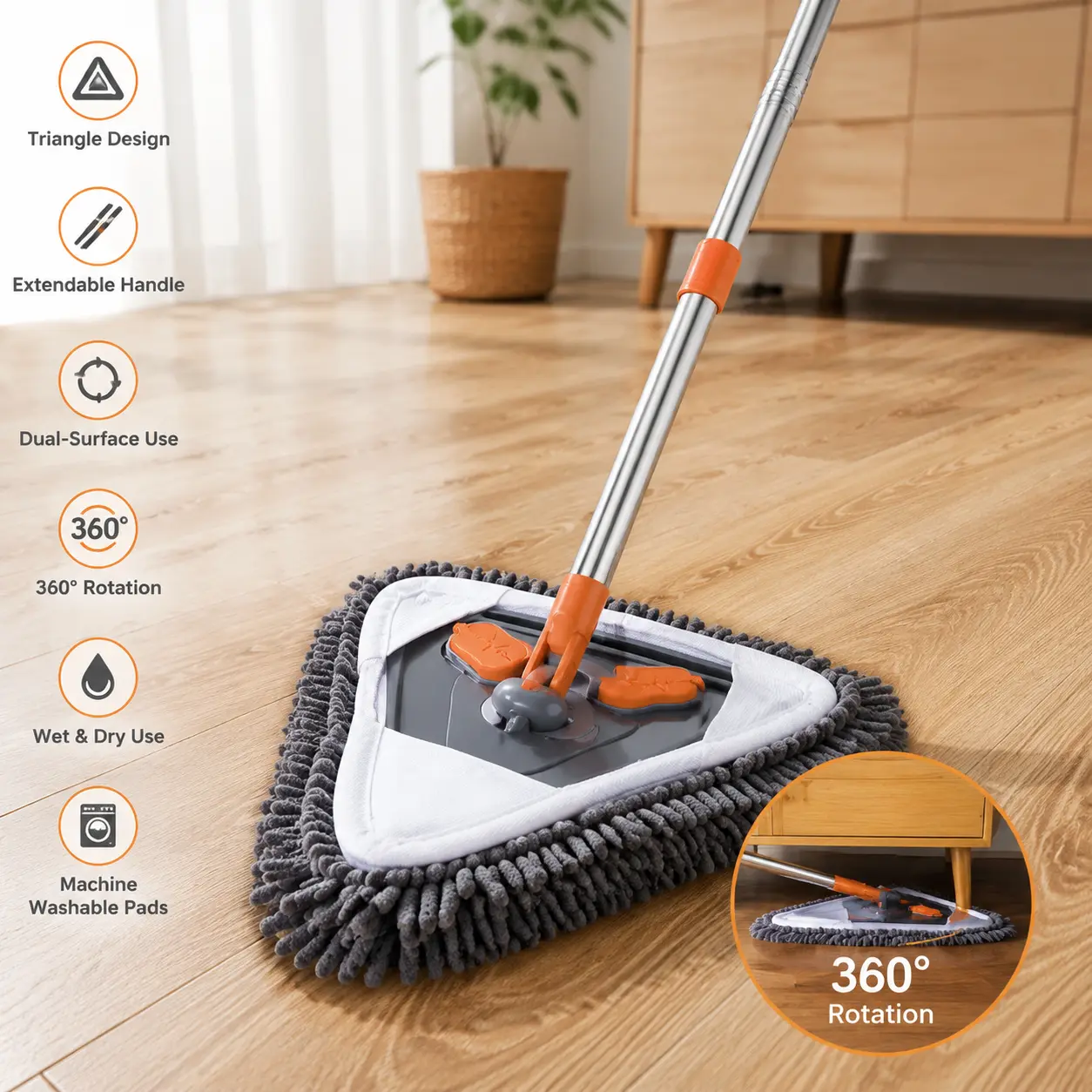 360° Rotating Mop - 2m Telescopic Extension Wand Triangular Floor Cleaning Tool, Wet-Dry Mops for Hardwood Floors, Deep Cleaning for Walls and High Surfaces