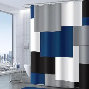 Blue Mens Shower Curtain Modern Bathroom Navy Blue Accessories Decor Black and Gray Shower Curtain Set with 12 Hooks 72x72 Inches