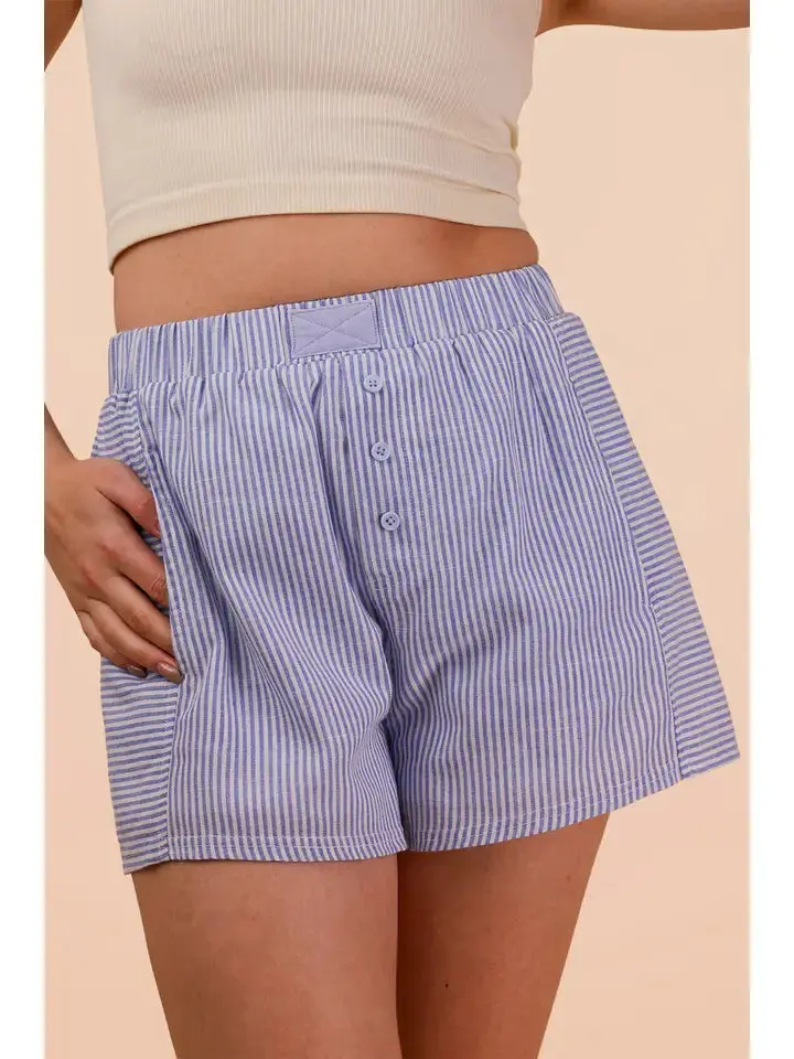 Women's Blue & White Seersucker Bottoms, Baggy Cotton Shorts, Blue Pocket Shorts for Casual Wear