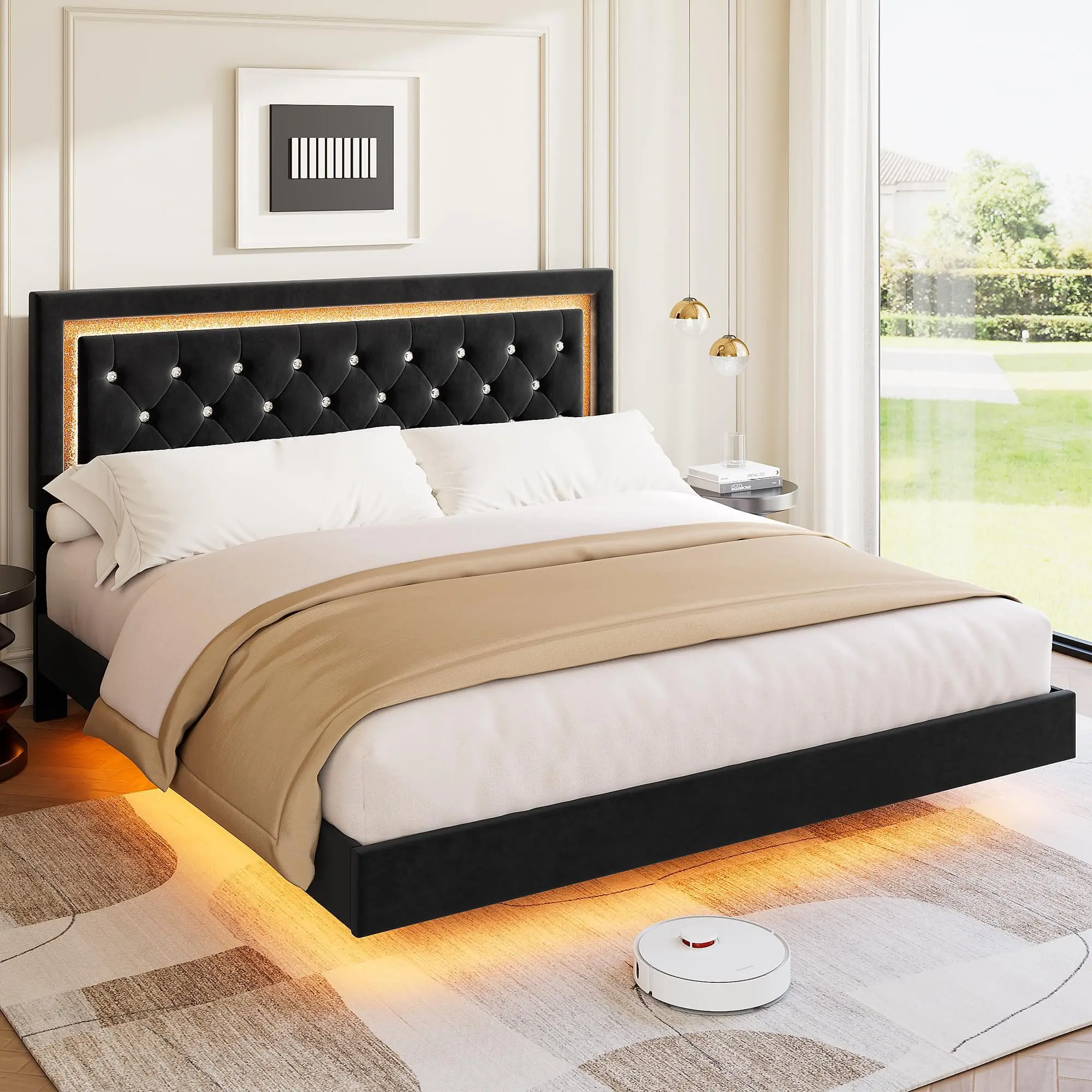 Floating King bed frame with smart LED lights, modern upholstered headboard with diamond design, silent wooden slatted bed base, under-bed storage space, easy assembly, black color.