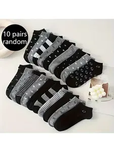 Women's Everyday Breathable Cotton Socks, Cute Heart Pattern Striped Boat Socks, Casual Sports Home Low-Cut Socks, Pack of 10 Pairs