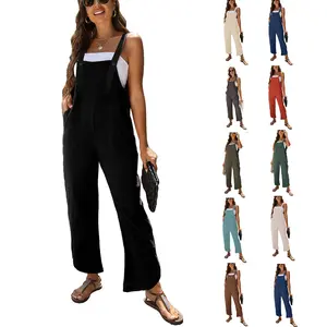 SCUSTY Womens Cotton Baggy Casual Rompers Summer Bib Linen Overalls Jumpsuits with Pockets