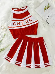 Women's Colorblock Sexy Fitted Cheerleading Uniform Set, Cheerleading Crop Top & Skirt, Ladies Sexy Lingerie Set for All Seasons