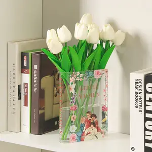 1pc Acrylic Flower Vase, Clear Acrylic Vase, Transparent Book-Shaped Plastic Vase for Home Decor, Table Decor, Home Decoration for Spring and Summer, Unique Modern Cute Book Vases For Bookshelf, Decor for Bedroom, Office, and Living Room
