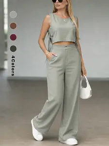 Women's Summer Set, Sleeveless Crop Top with High Waist Wide Leg Pants, Casual Two-Piece, Comfortable and Fashionable