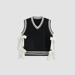 Cider [2 colors, size 0-26] V-neck Solid Bowknot Knitted Vest