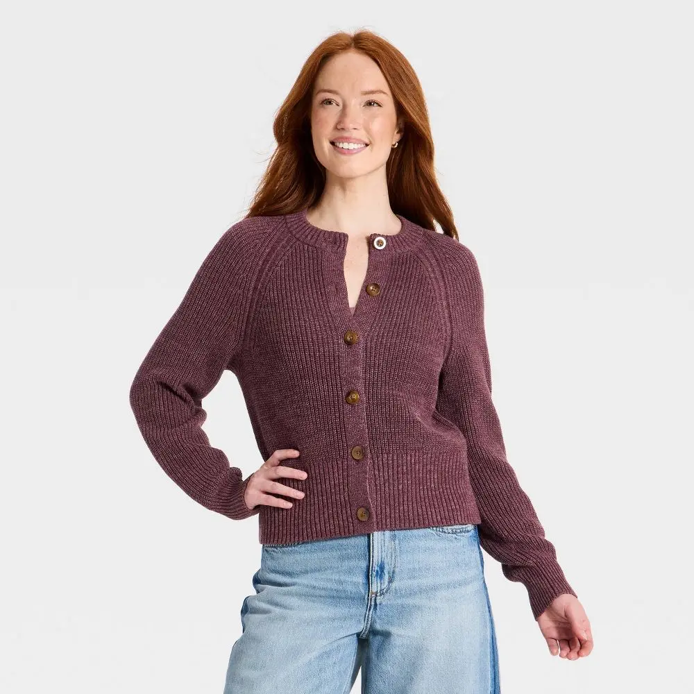 Universal Thread Women's Iconic Long Sleeve Cotton Cardigan Sweater - Purple