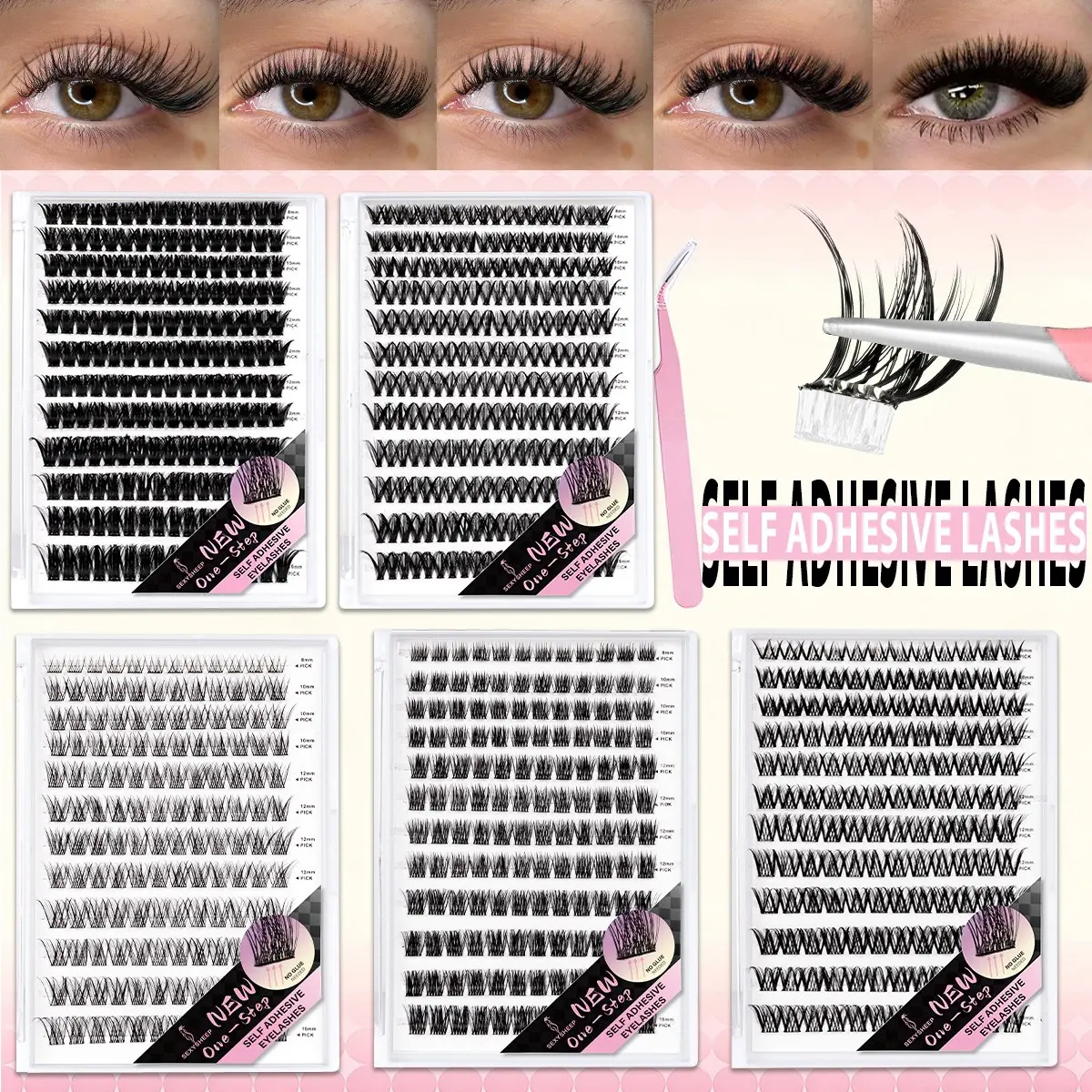 5 Boxes One Step Self-Adhesive Eyelashes, Wispy & Dense Lash Clusters 8-16mm, No Glue Press On Lashes for Beginners, Longer Looking Eyelashes