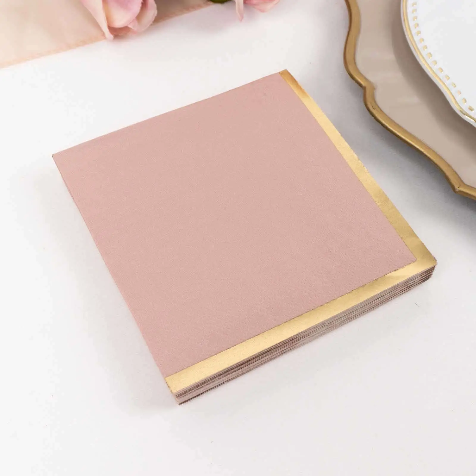 50-Pack Disposable Dusty Rose Beverage Napkins - 2 Ply, 18GSM, 5"x5", Gold Foil Edge, Soft Paper, Restaurant Tableware for Birthday, Wedding, Event Planners