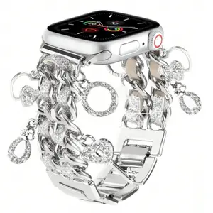 Women's Silver Color Leather Strap for Apple Watch, Heart Key Pendant, Adjustable Metal Material, Compatible with Series 1-11 & Ultra 1-3 Se