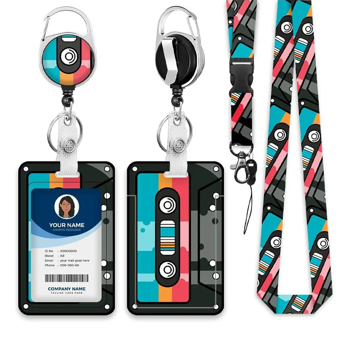 Teacher ID Badge Holder Set with Lanyard and Card Case, Name Tag Holder, Blue Background Design, Durable Keychain, 360 Degree Rotating Clip, Badge Reels Retractable, Classroom Supplies, Retractable Badge Holders