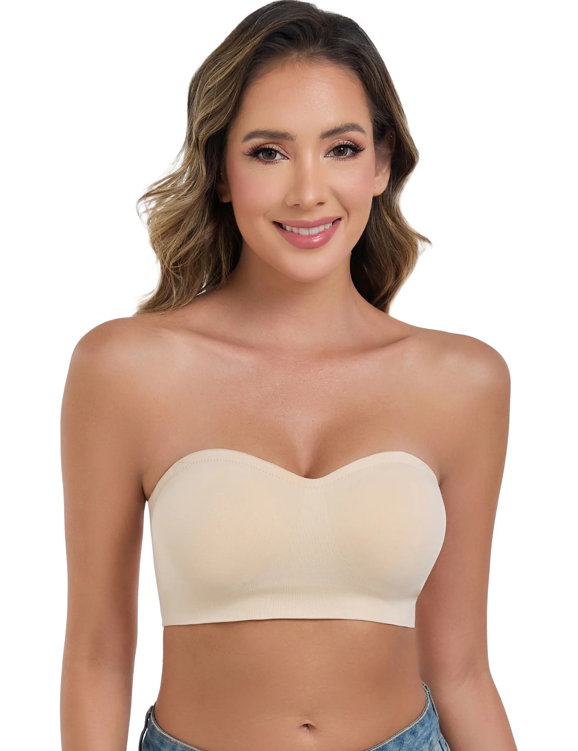ANGOOL Non-Slip Bandeau Bras with Silicone Comfortable Strapless Bra Wireless Padded Bras Seamless Bra For Women