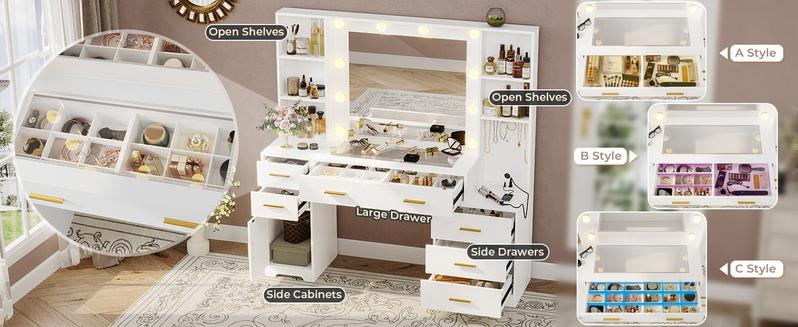 Sikaic Modern Design 48.8 Inches Large Makeup Vanity Desk with Drawer Lighted Mirror & Aesthetic Glass Tabletop Home Organizing Interior