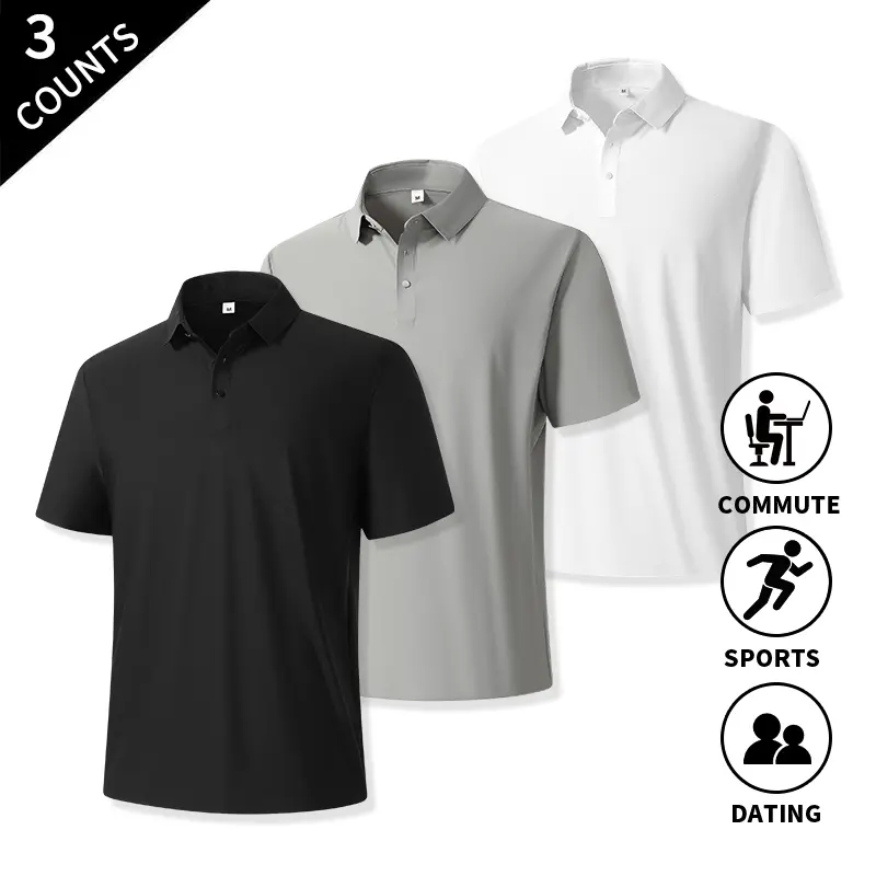 Summer Vibes 3-Pack Men’s Basic Short-Sleeve Lapel Polo Shirts, Solid, Button-Front Casual Tops, Multiple Color Options, Lightweight Shirts for Commuting, Sports, Dating, Everyday Outfits