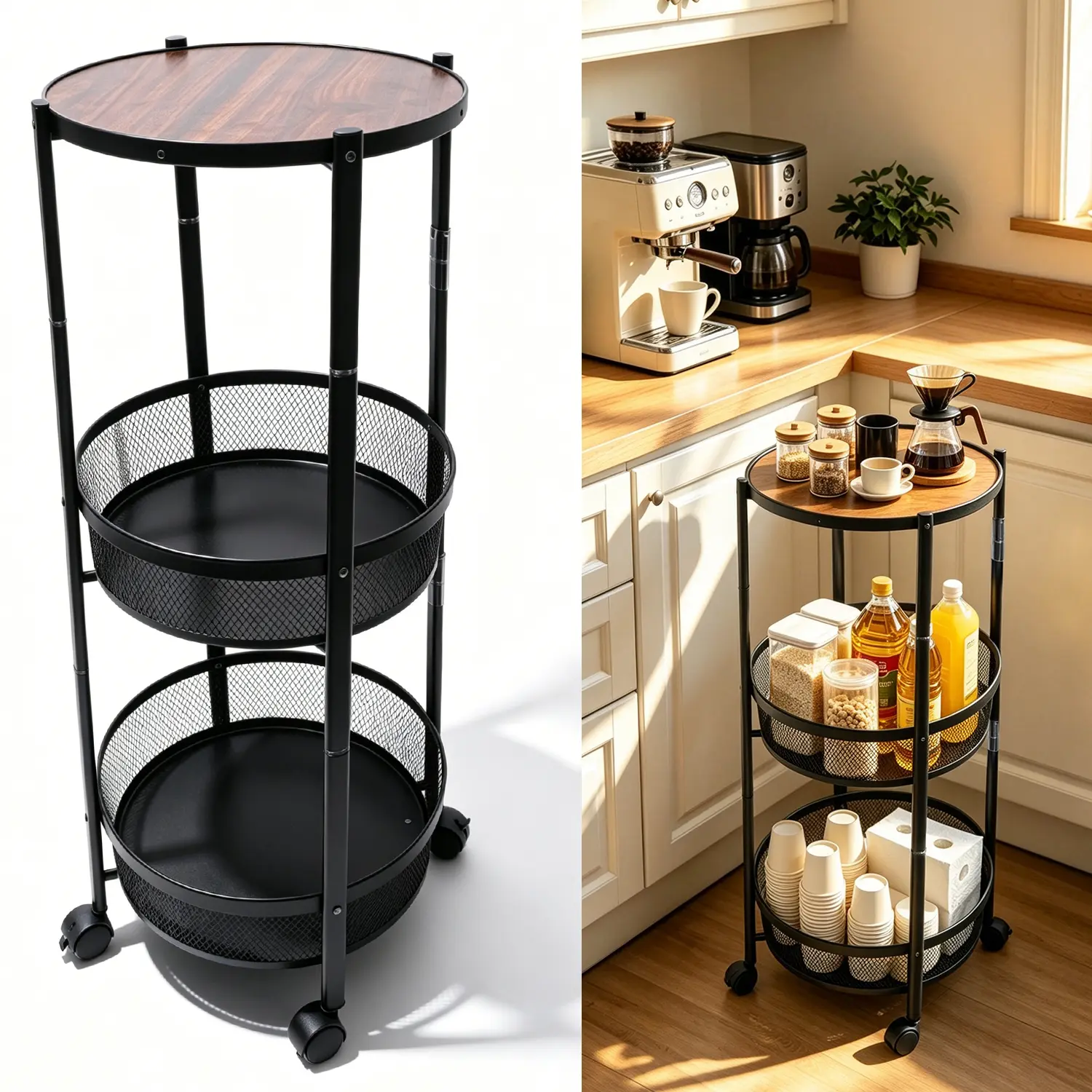 3-Tier Round Rolling Storage Cart, Foldable Metal Mesh Basket Shelving Unit with Wheels, for Kitchen, Bedroom, and Bathroom