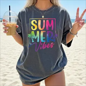 Comfort Colors Retro Summer Vibes Shirt Aesthetic Neon Beach Tee Trendy Sunset Graphic T-Shirt Vintage Tropical Gift for Her Him Minimalist Ocean Top Oversized Surf Sunday Shirt 2026 Bloom Tee Support Vacation Mode