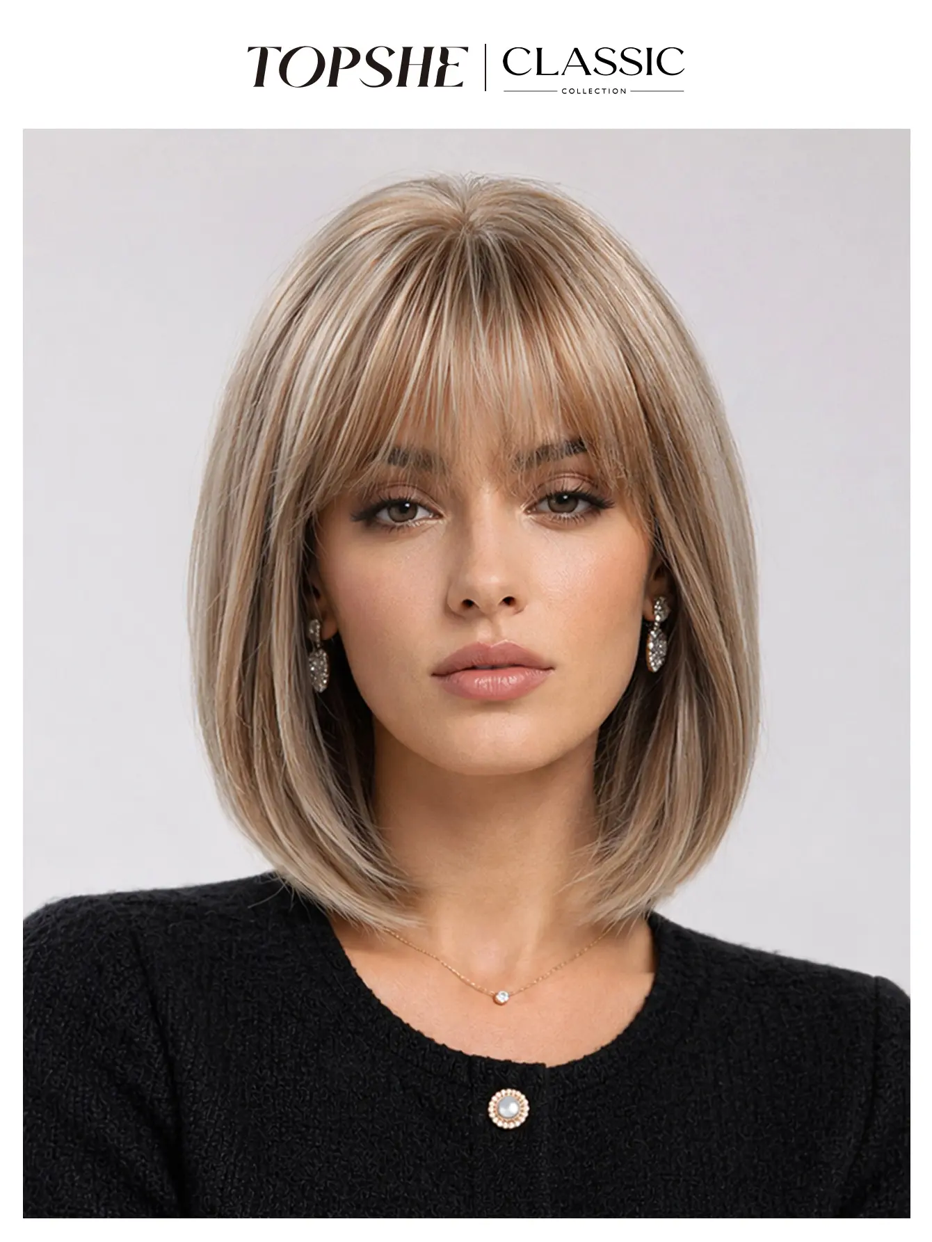 Mila | TOPSHE Ash Blonde Highlight French Bob Wig with Bangs, Glueless Lightweight Heat Resistant Synthetic Wig for Women