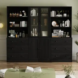VOWNER Modern Storage Cabinet with Glass Doors & Drawers, 3-Tier Bookshelf Display Cabinet, Buffet Cabinet Organizer for Living Room, Dining Room & Home Office, Black