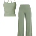 Women's Solid Color Sporty Tank Top and Long Pants Set, Summer Comfortable Yoga, Casual Slim-Fit Mid-Waist Clothing Set, Fashion Summer Sportswear, Activewear Set